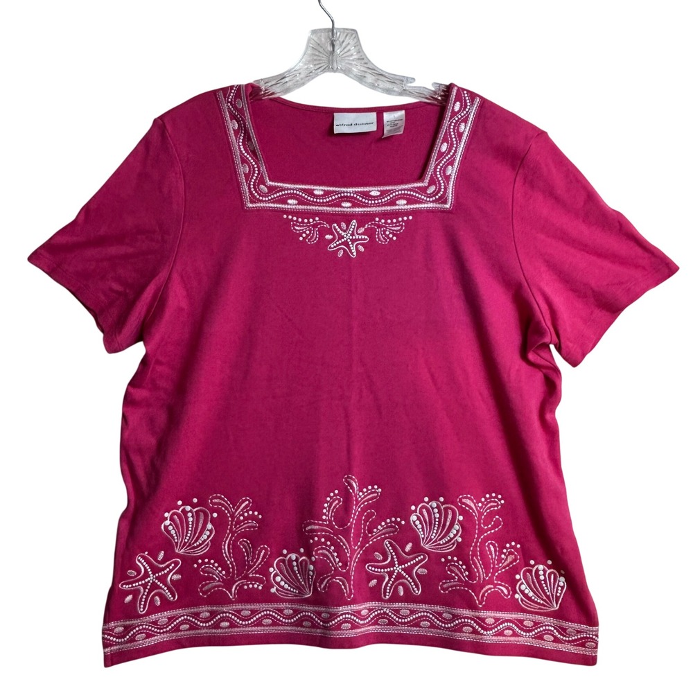 Alfred Dunner Reel It‎ In Pink Nautical Embroidered Square Neck Top Large